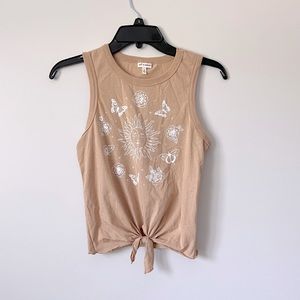 3/$10 Self Esteem Hannah Tie Front Tank Small Sand Color Butterflies Sun Roses